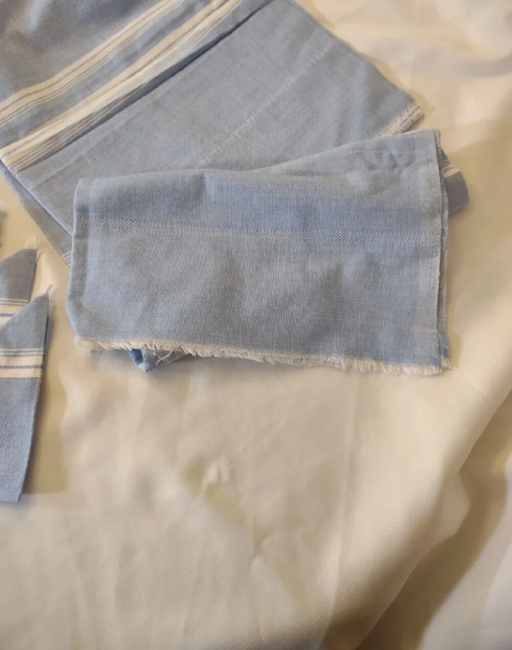 Vintage Hand Woven/Embroidered Lt. Blue Striped Napkin & Table Cloth/Runner Set